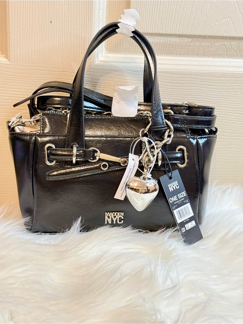 Brand New Black Patent leather crossbody bag with silver heart keychain